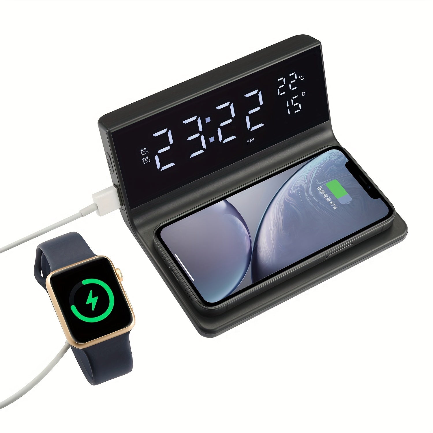 Alarm Clock With Wireless Charger, Calendar, Temperature, Date Display, Dual Alarm, Wireless Charging