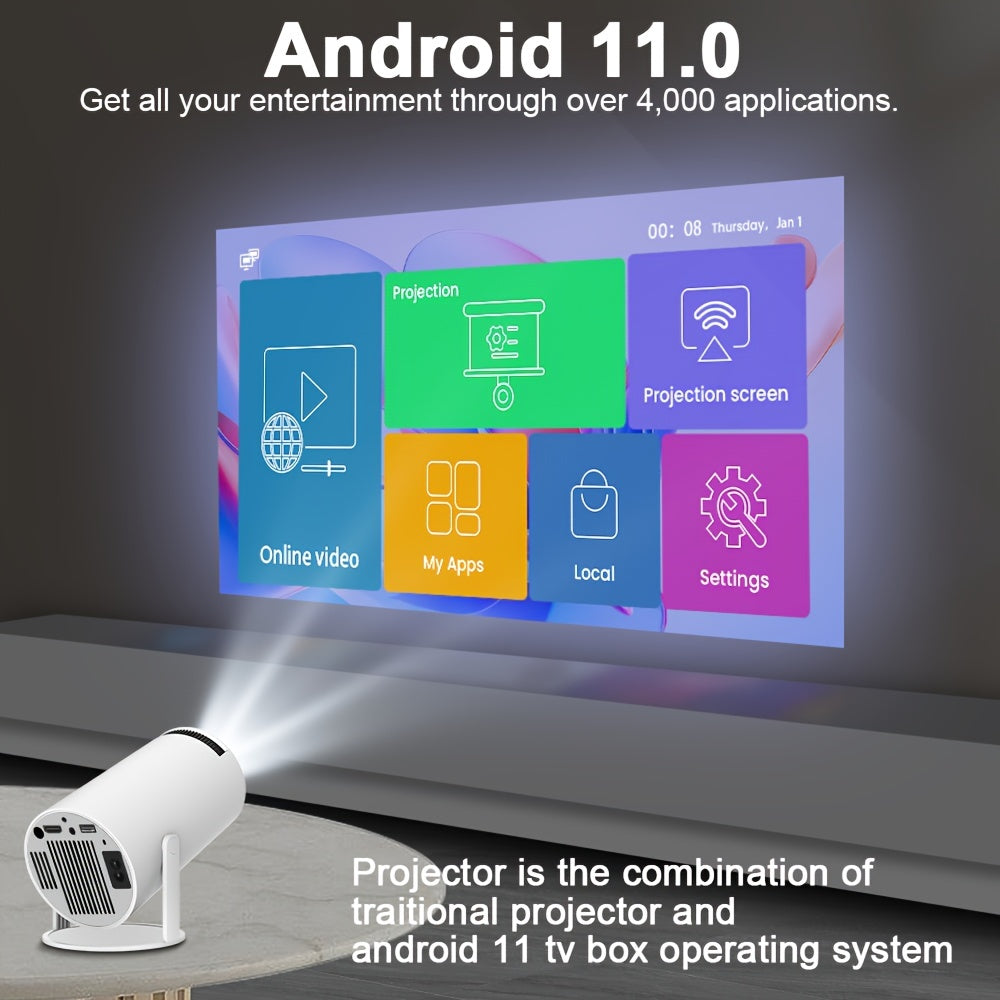 Projector For Android 11.0 200ANSI WiFi6 HD 1280*720p Wireless