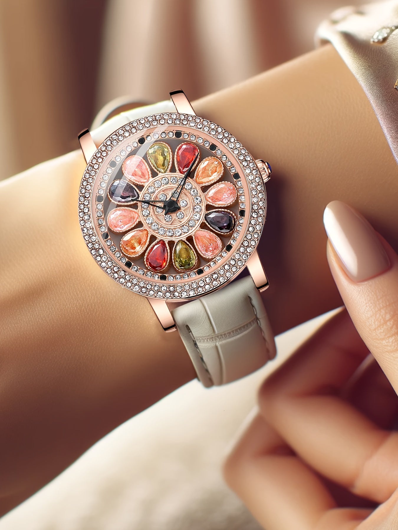 Women's Rhinestone Quartz Watch Rotating Flower Dial