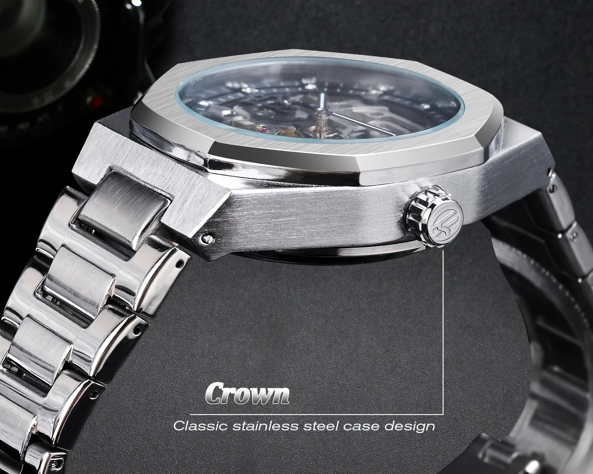 Forsining Men's Silvery Automatic Watch - 3D Rhinestone Skeleton, Stainless Steel, Sporty & Casual Tourbillon Design