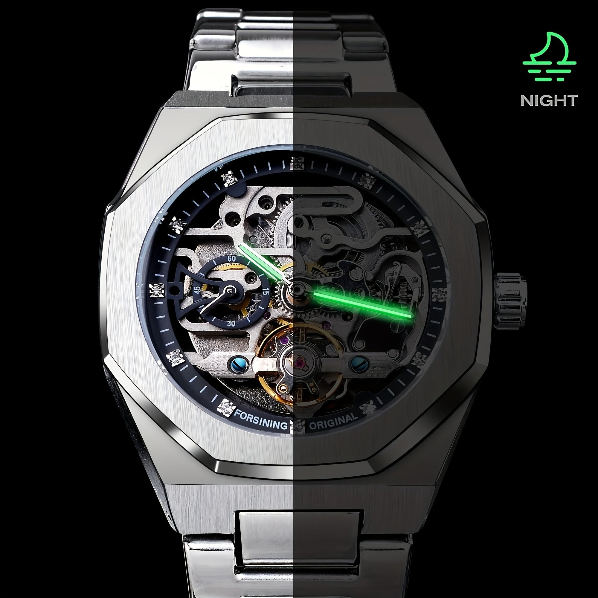 Forsining Men's Silvery Automatic Watch - 3D Rhinestone Skeleton, Stainless Steel, Sporty & Casual Tourbillon Design