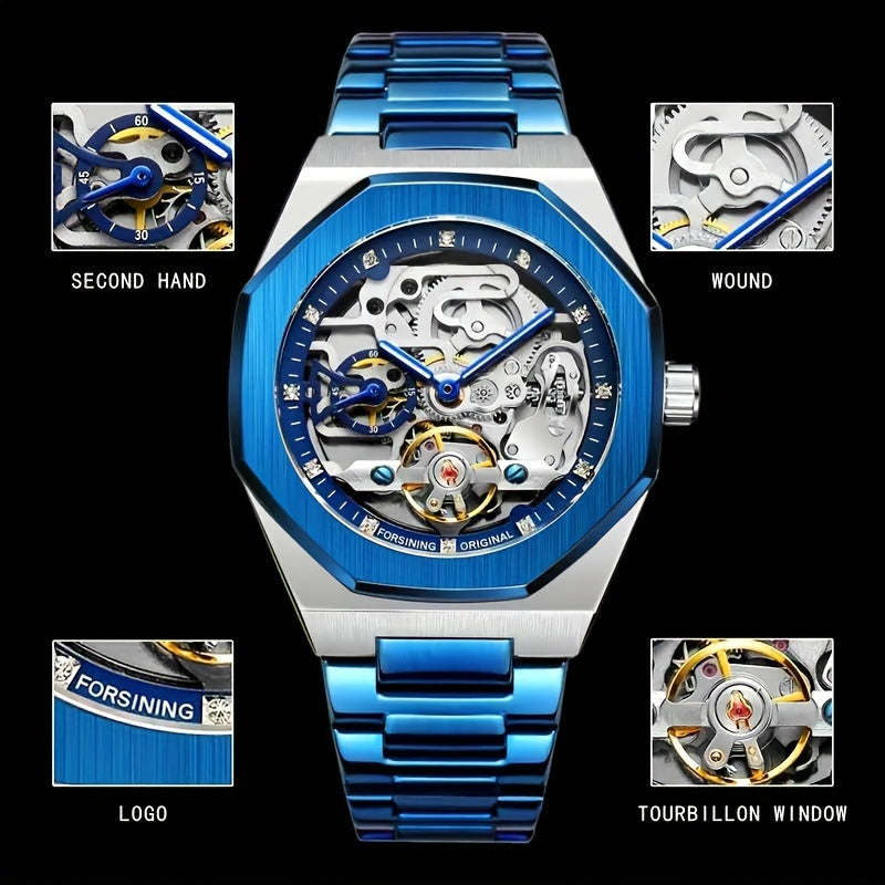 Automatic Mechanical Watch with Hollow Design - Luxury Rhinestone-Encrusted, Stainless Steel Band