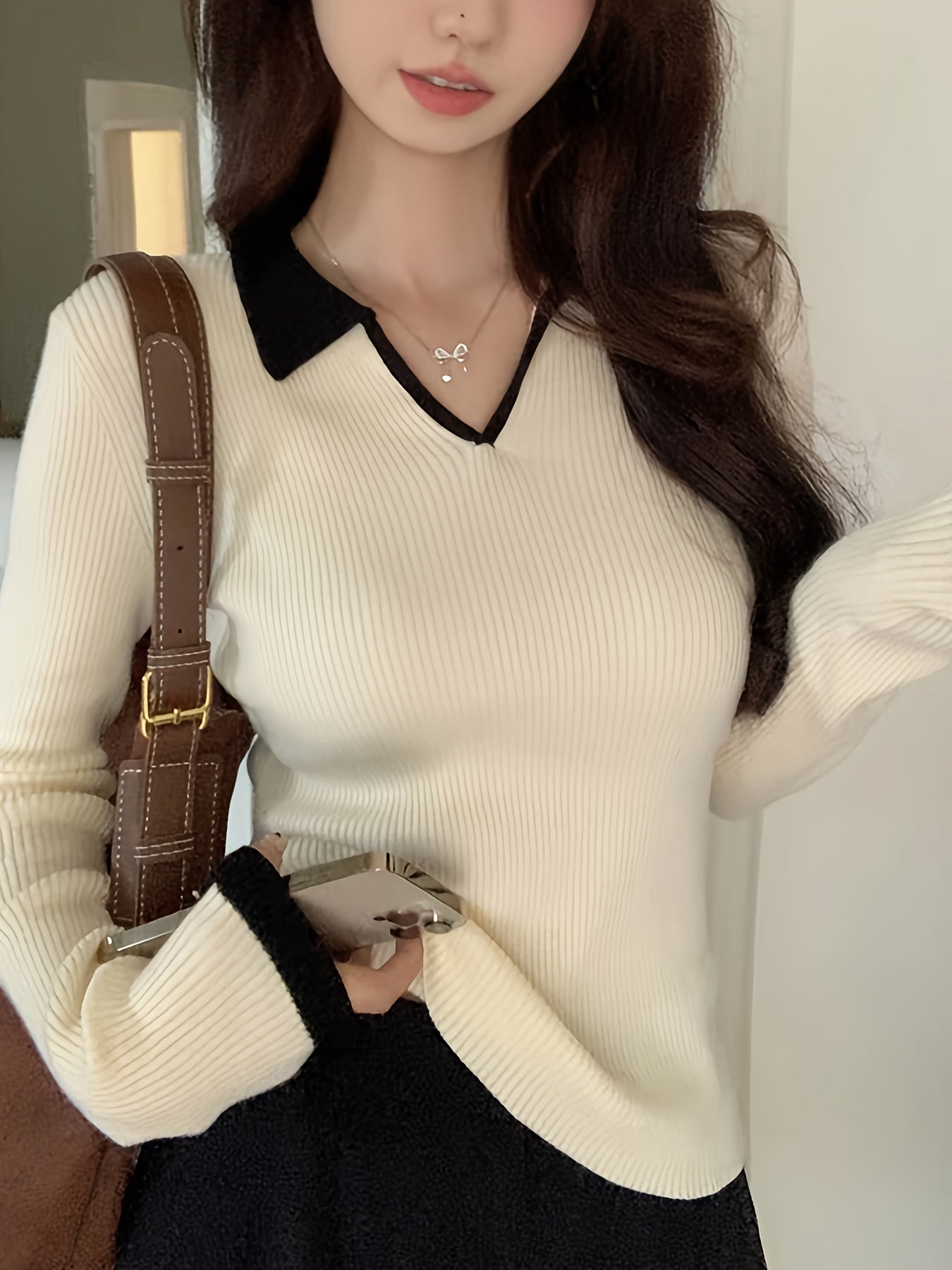 Contrast Trim Ribbed Collared Sweater, Elegant Long Sleeve Sweater, Women's Clothing