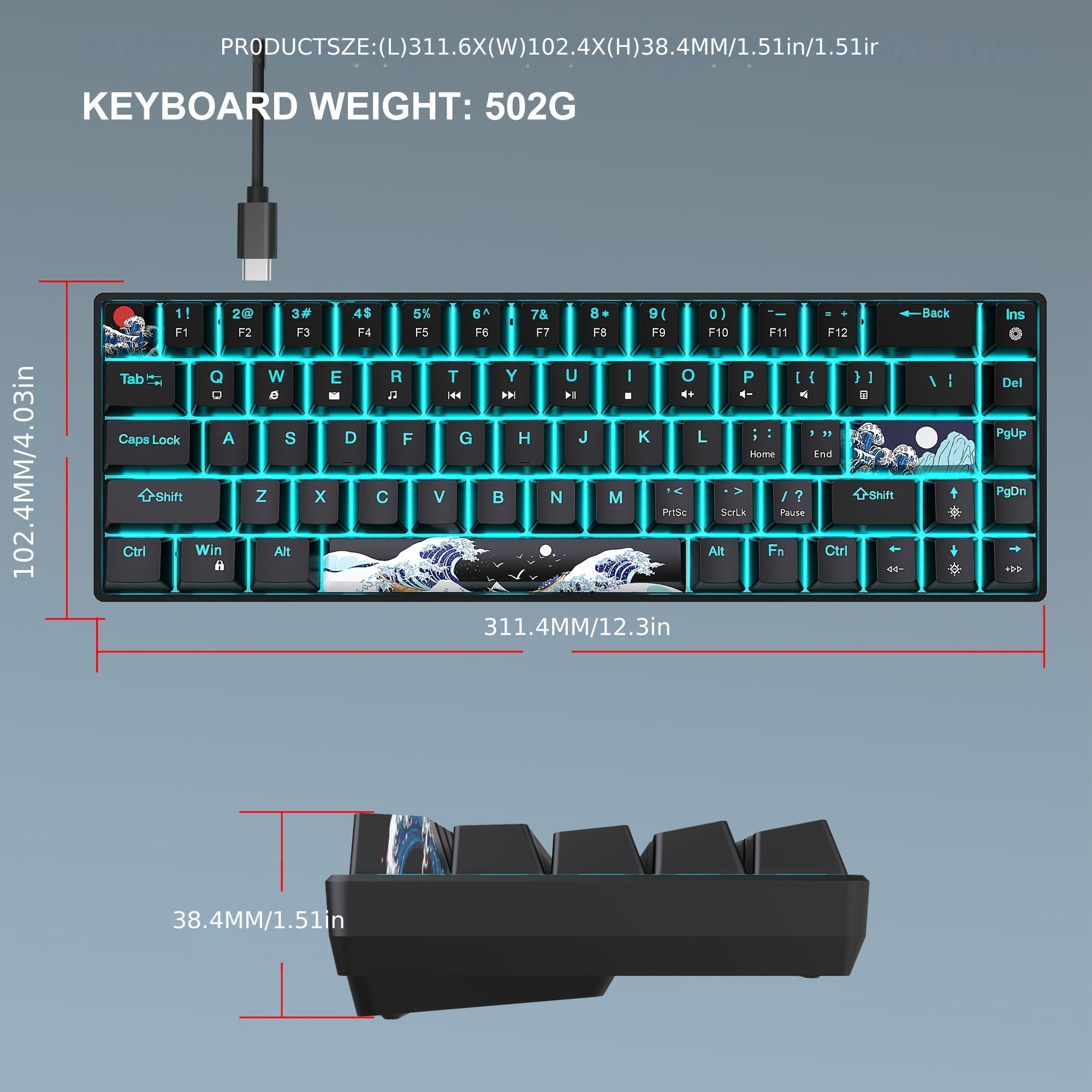 Ultra Compact 60% Gaming Mechanical Keyboard - 68 Keys with Blue Switches