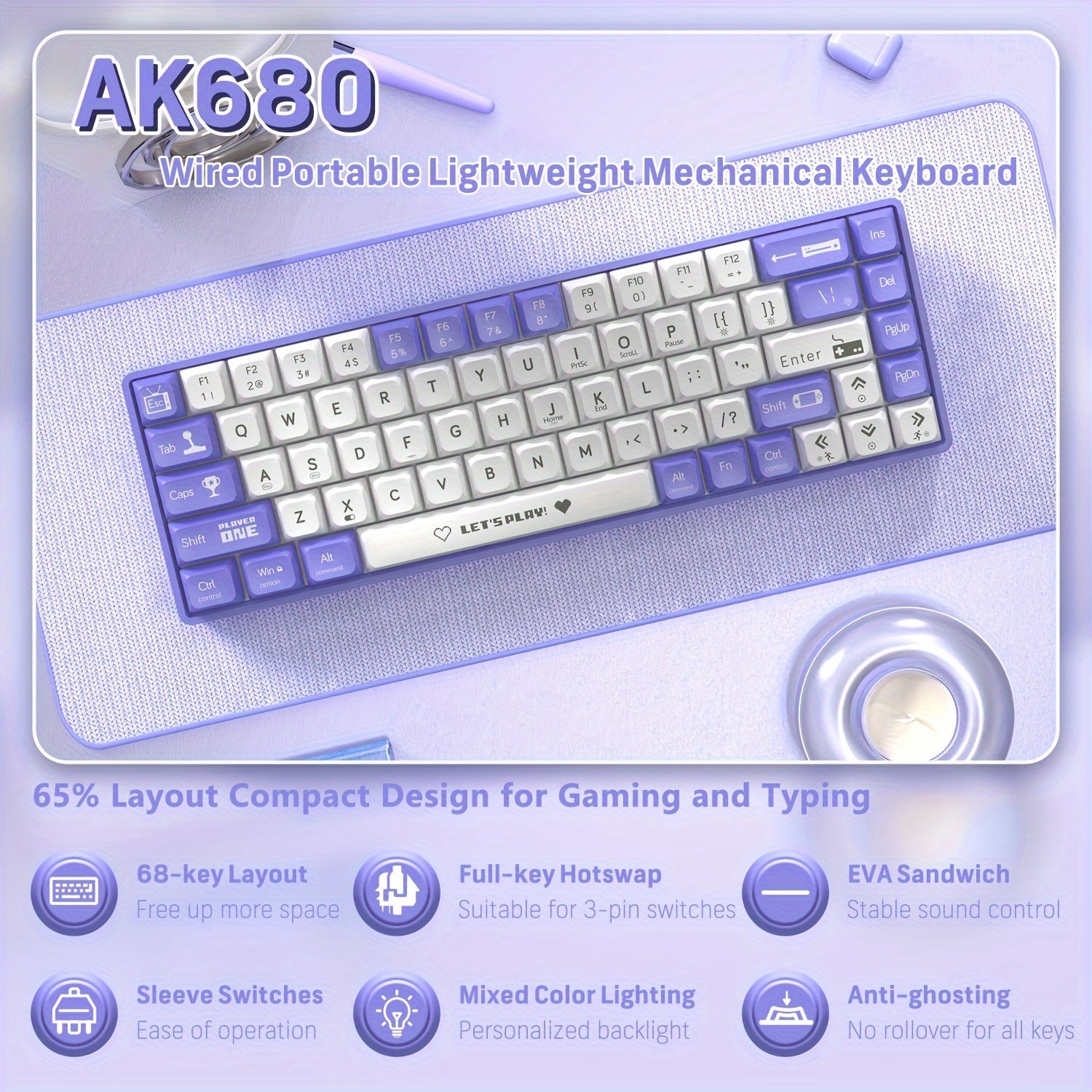 AK680 Mechanical Gaming Keyboard 65%, swappable Switches