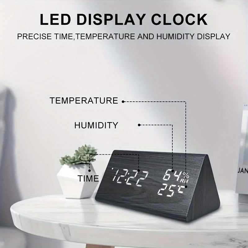 Led Triangle Digital Alarm Clock, Wooden Alarm Clock