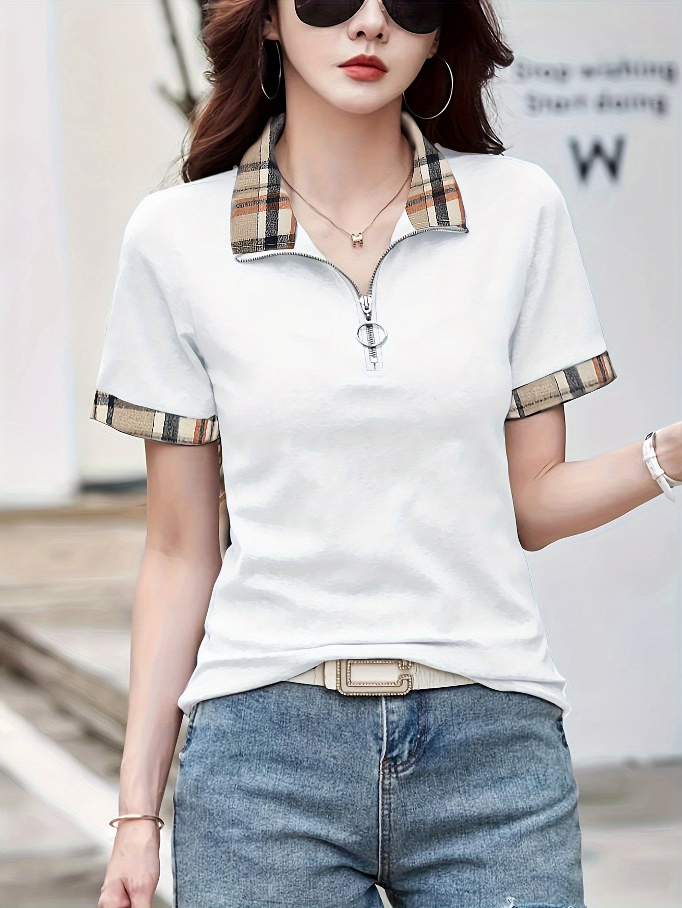 Patchwork Print Collared T-Shirt, Casual Short Sleeve T-Shirt For Summer, Women's Clothing