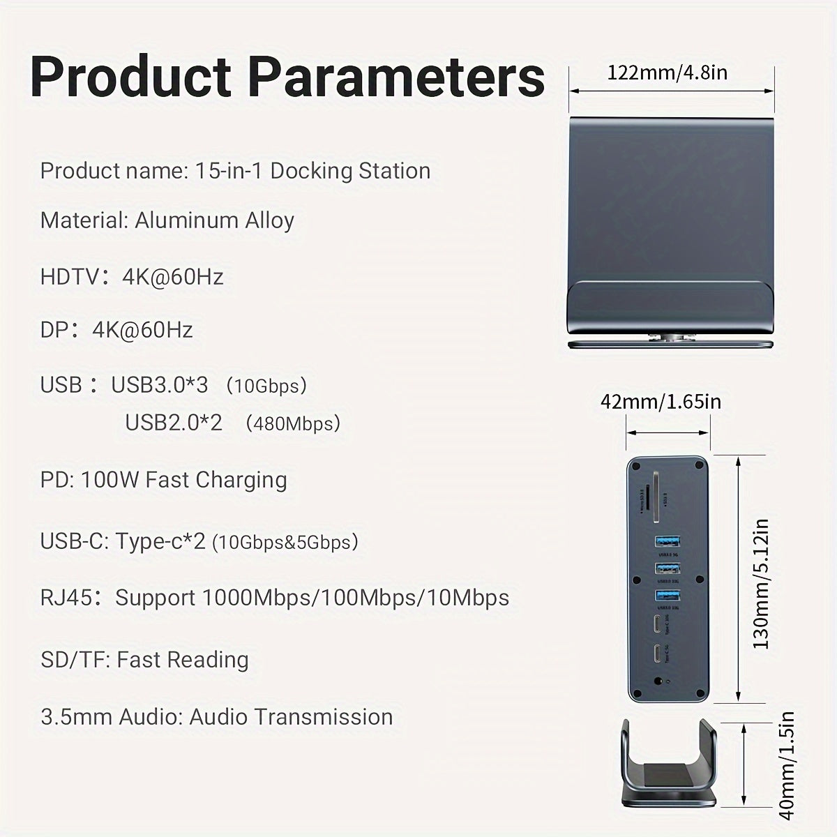 15-in-1 USB-C Vertical Docking Station, Aluminum Shell, USB 2.0/3.0