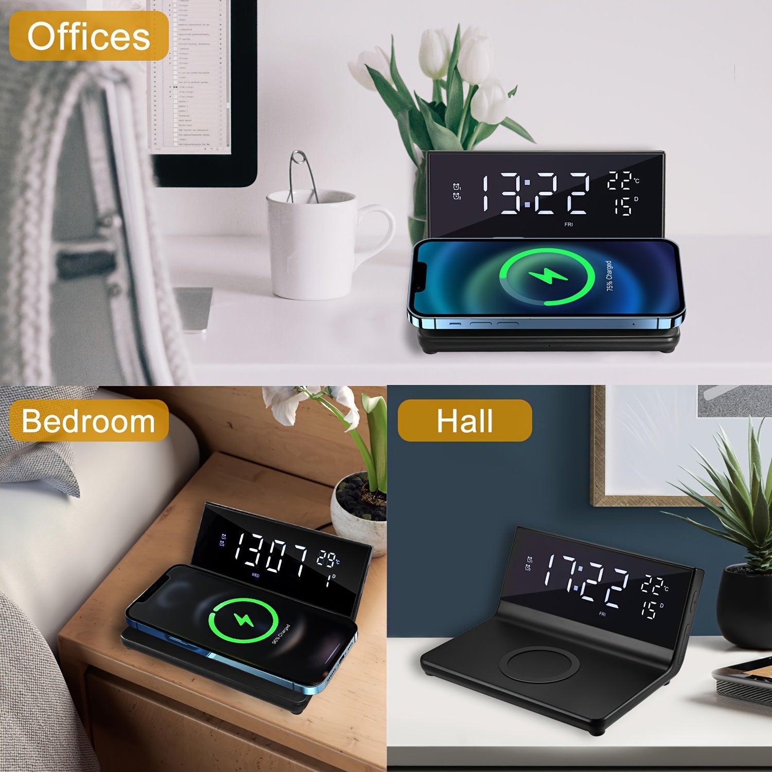 Alarm Clock With Wireless Charger, Calendar, Temperature, Date Display, Dual Alarm, Wireless Charging