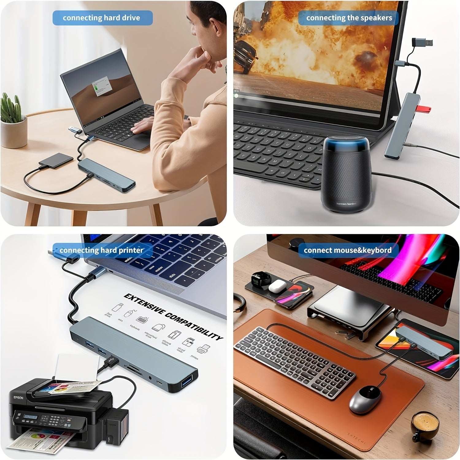 Hub With USB And Type C Interfaces, Featuring 8 Ports