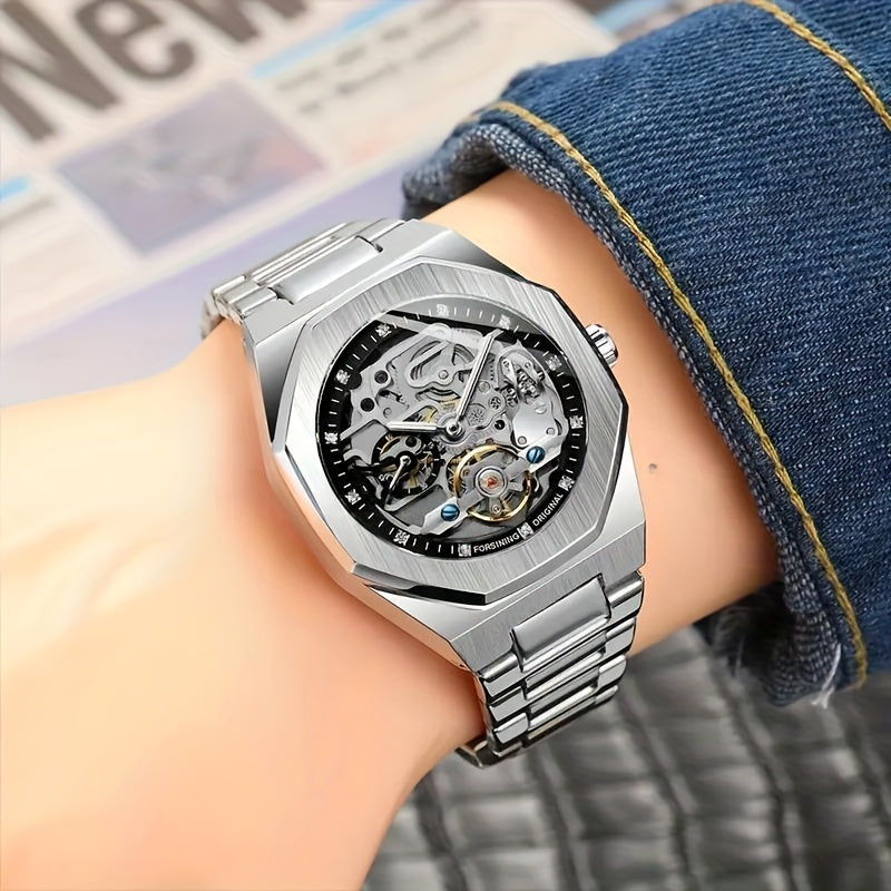 Automatic Mechanical Watch with Hollow Design - Luxury Rhinestone-Encrusted, Stainless Steel Band