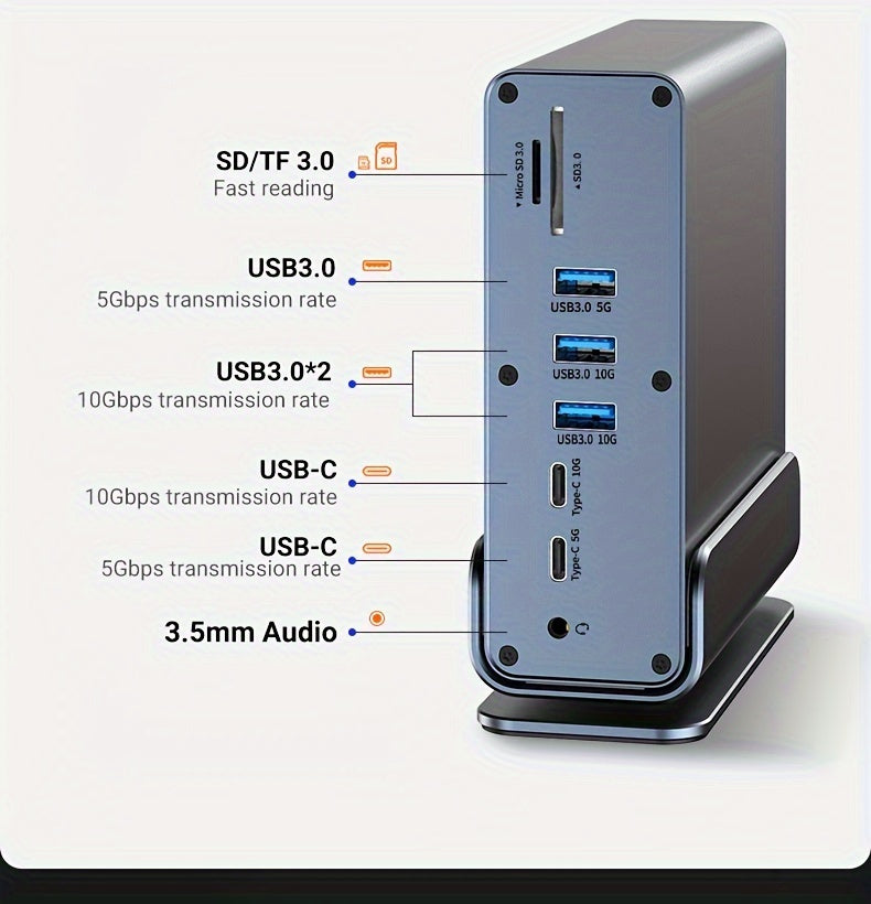 15-in-1 USB-C Vertical Docking Station, Aluminum Shell, USB 2.0/3.0