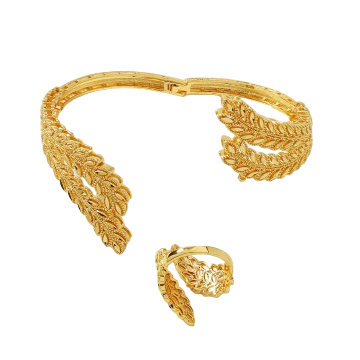 Golden Leaf Ring And Bracelet Set.