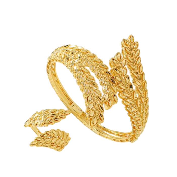 Golden Leaf Ring And Bracelet Set.