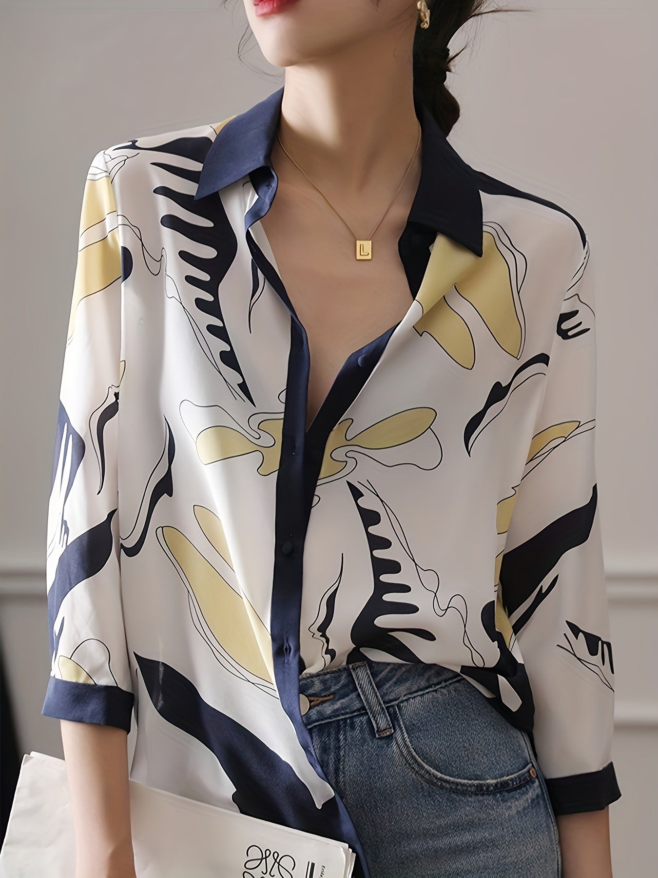 Abstract Print Color Block Blouse, Elegant Single Breasted Loose Blouse For Spring & Fall, Women's Clothing