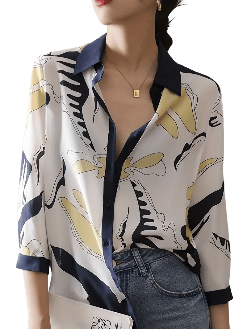 Abstract Print Color Block Blouse, Elegant Single Breasted Loose Blouse For Spring & Fall, Women's Clothing - Mojood