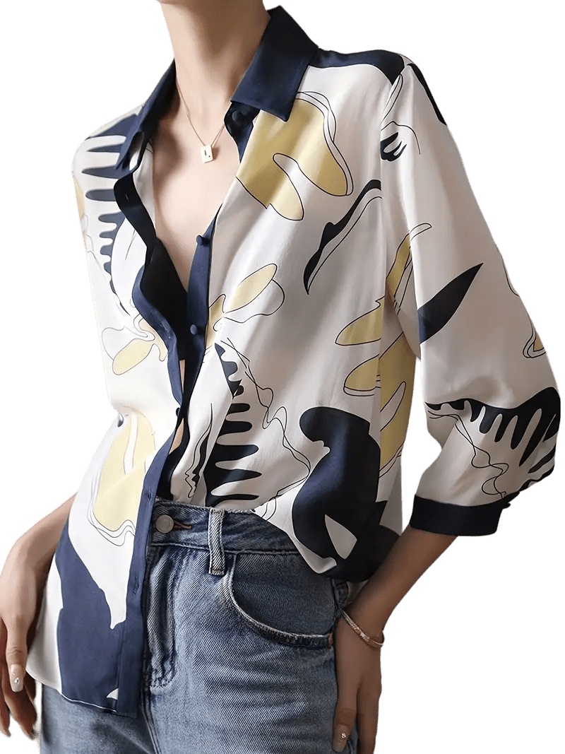 Abstract Print Color Block Blouse, Elegant Single Breasted Loose Blouse For Spring & Fall, Women's Clothing - Mojood