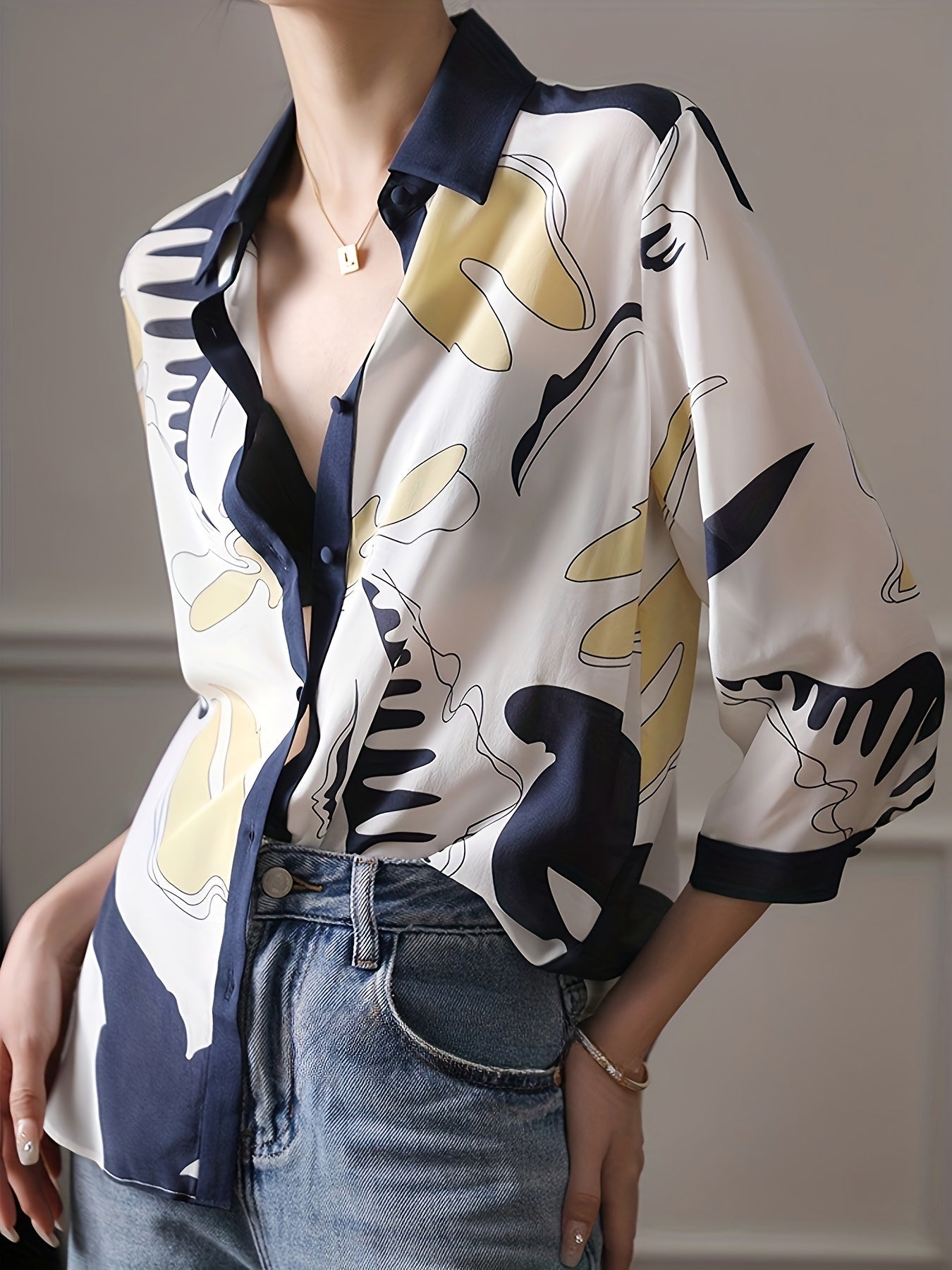 Abstract Print Color Block Blouse, Elegant Single Breasted Loose Blouse For Spring & Fall, Women's Clothing - Mojood