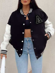 Trendy Color Block Bomber Jacket with Letter Print - Casual Cropped Fit with Button Front and Convenient Pockets