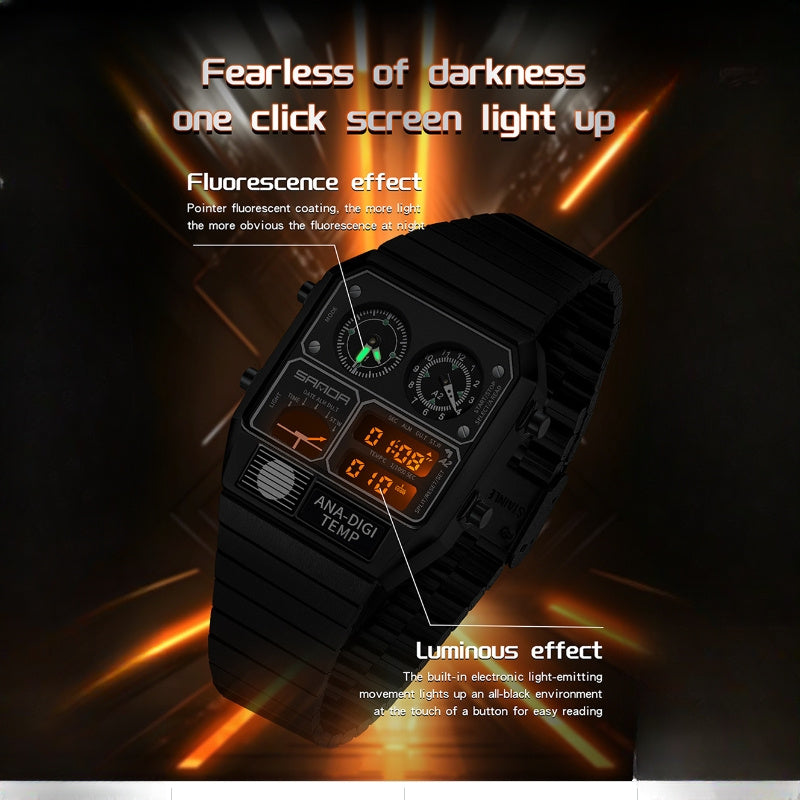 SANDA Digital Watch - Multifunctional, Stainless Steel Strap