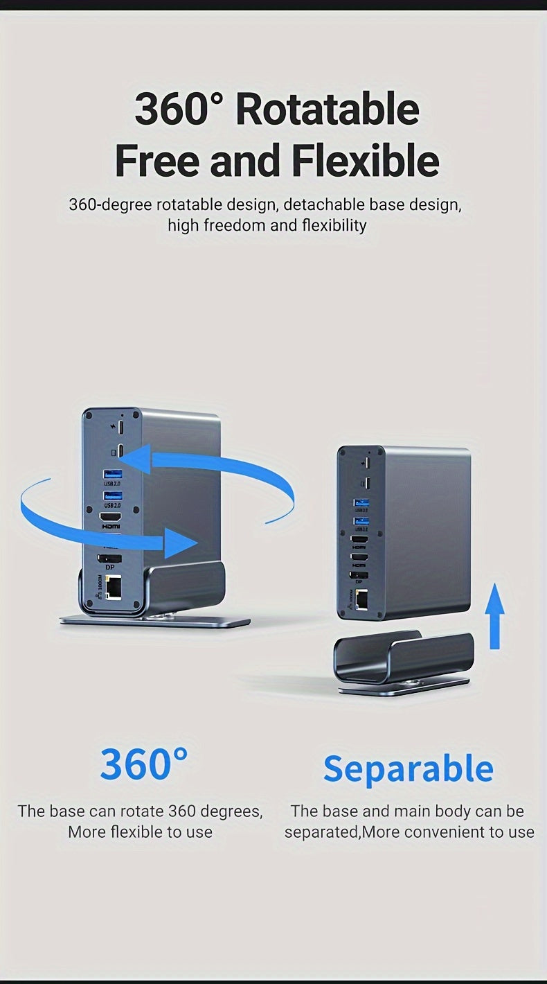 15-in-1 USB-C Vertical Docking Station, Aluminum Shell, USB 2.0/3.0