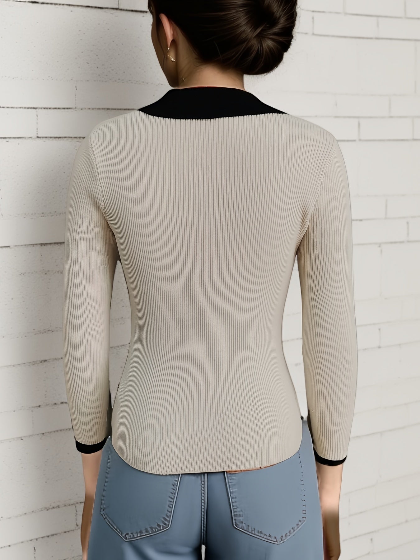 Contrast Trim Ribbed Collared Sweater, Elegant Long Sleeve Sweater, Women's Clothing