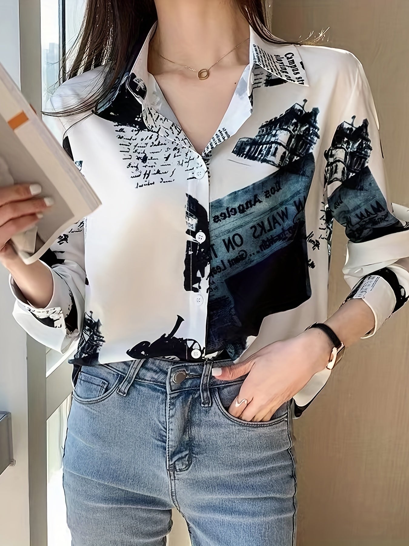 Graphic Print Button Front Shirt, Casual Long Sleeve Lapel Shirt, Women's Clothing