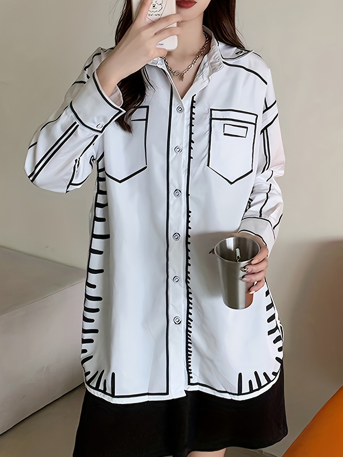 Contrast Trim Button Front Shirt, Casual Long Sleeve Shirt, Women's Clothing