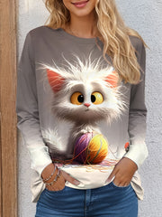 Women's Casual Long Sleeve T-Shirt with Cute Cartoon Cat Design - Soft Polyester & Spandex Blend, Machine Washable, Round Neck