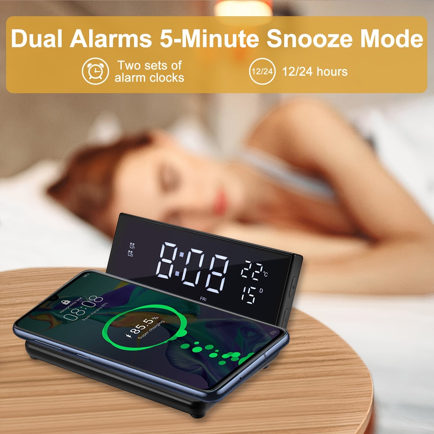 Alarm Clock With Wireless Charger, Calendar, Temperature, Date Display, Dual Alarm, Wireless Charging