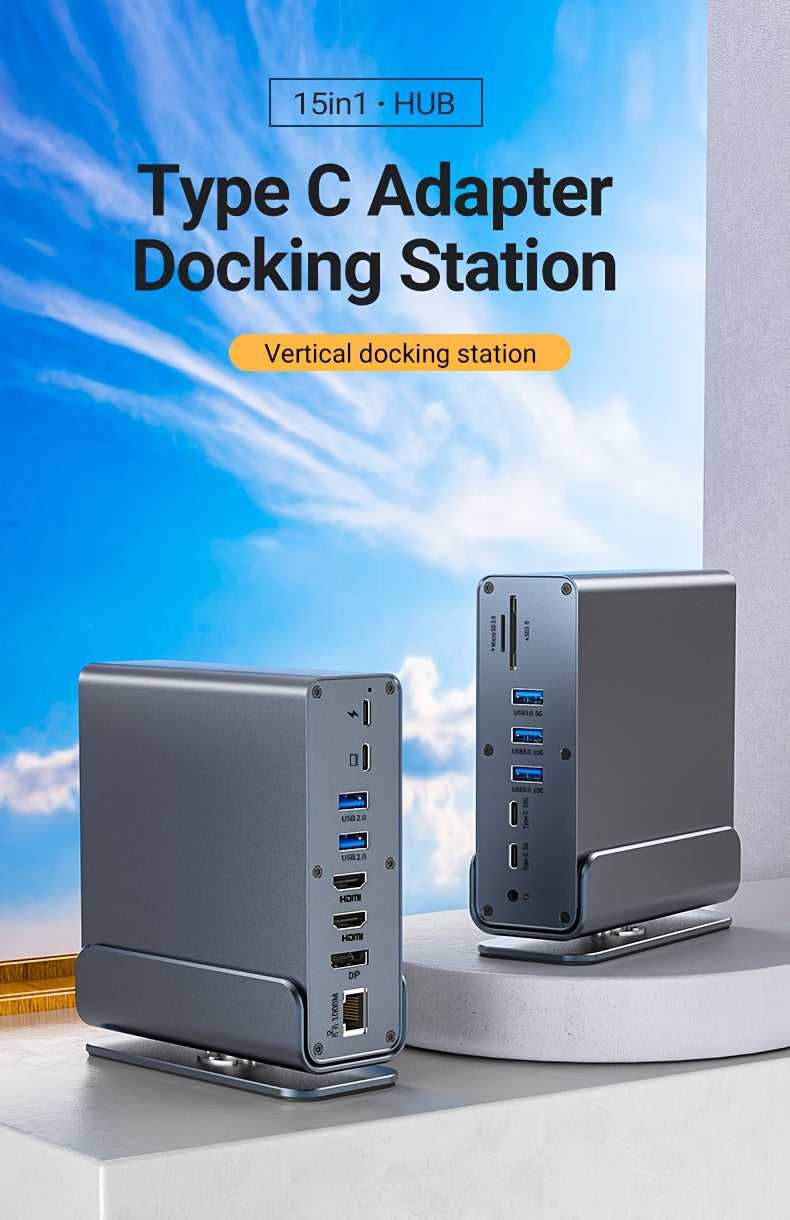 15-in-1 USB-C Vertical Docking Station, Aluminum Shell, USB 2.0/3.0