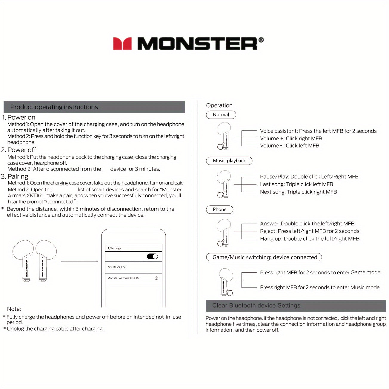 Monster XKT40.64 Cm-Ear Earphones Wireless Earbuds HiFi Stereo Sound Quality