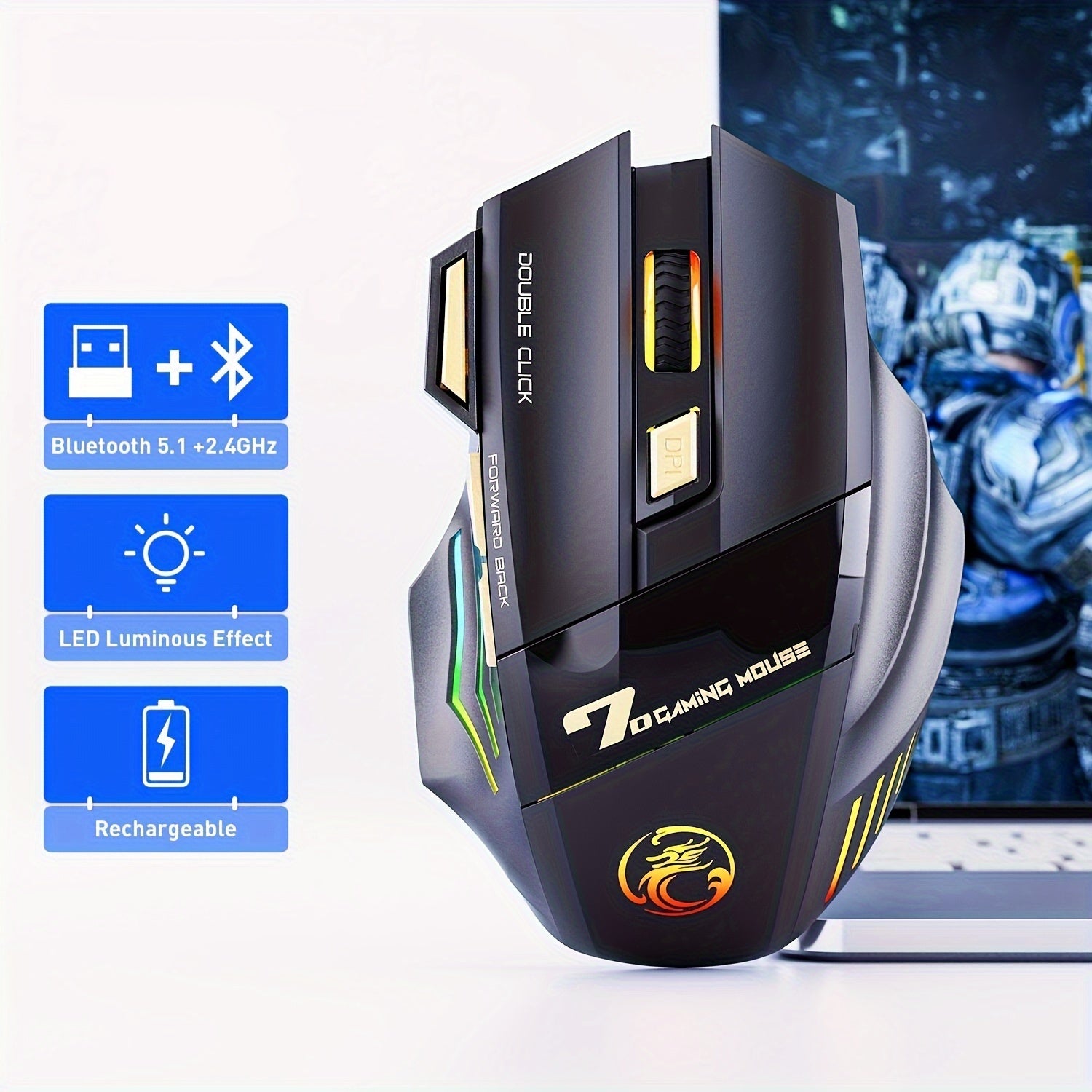 Wireless Gaming Mouse 3200DPI Rechargeable Silent Mouse