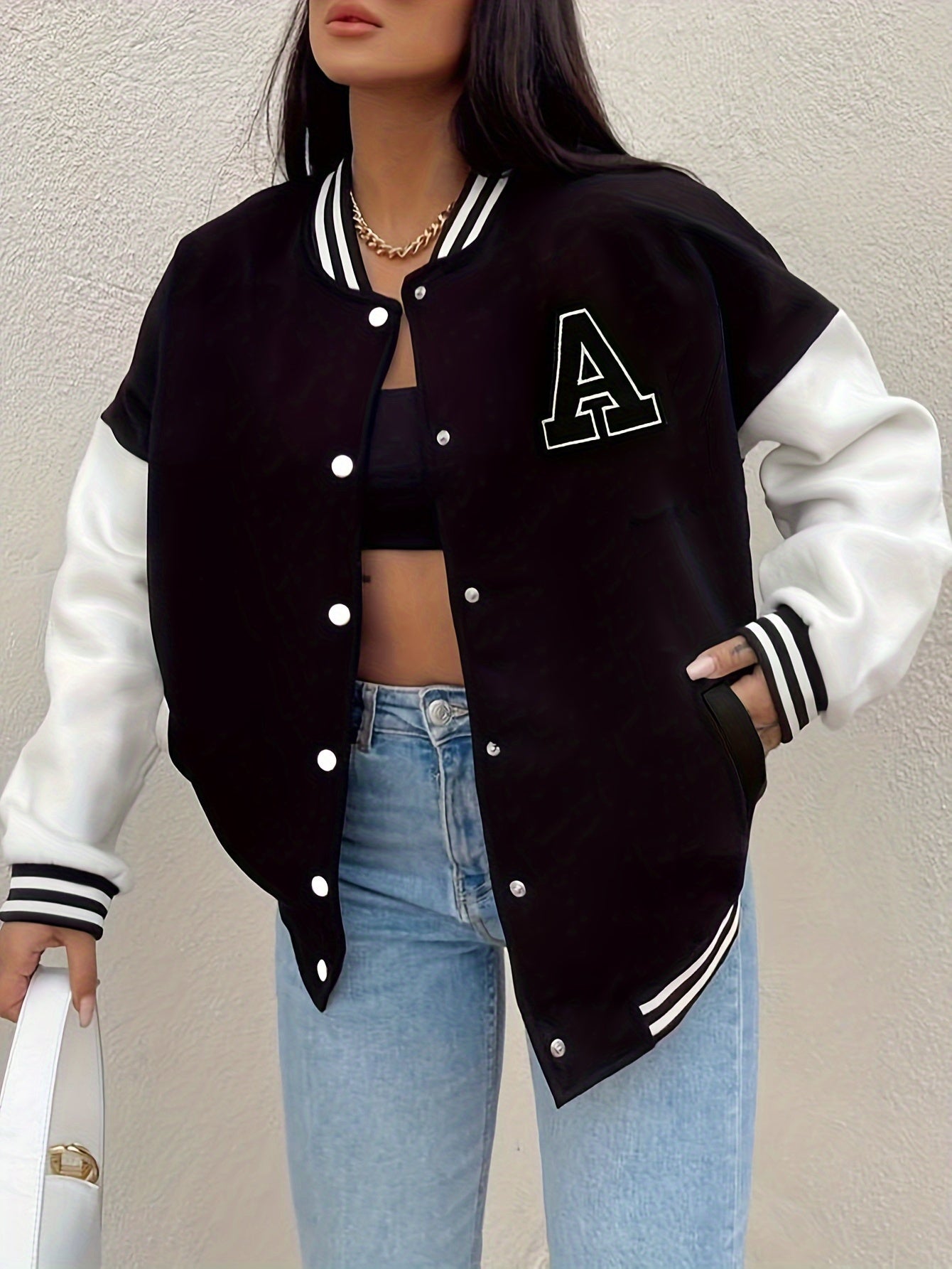 Trendy Color Block Bomber Jacket with Letter Print - Casual Cropped Fit with Button Front and Convenient Pockets