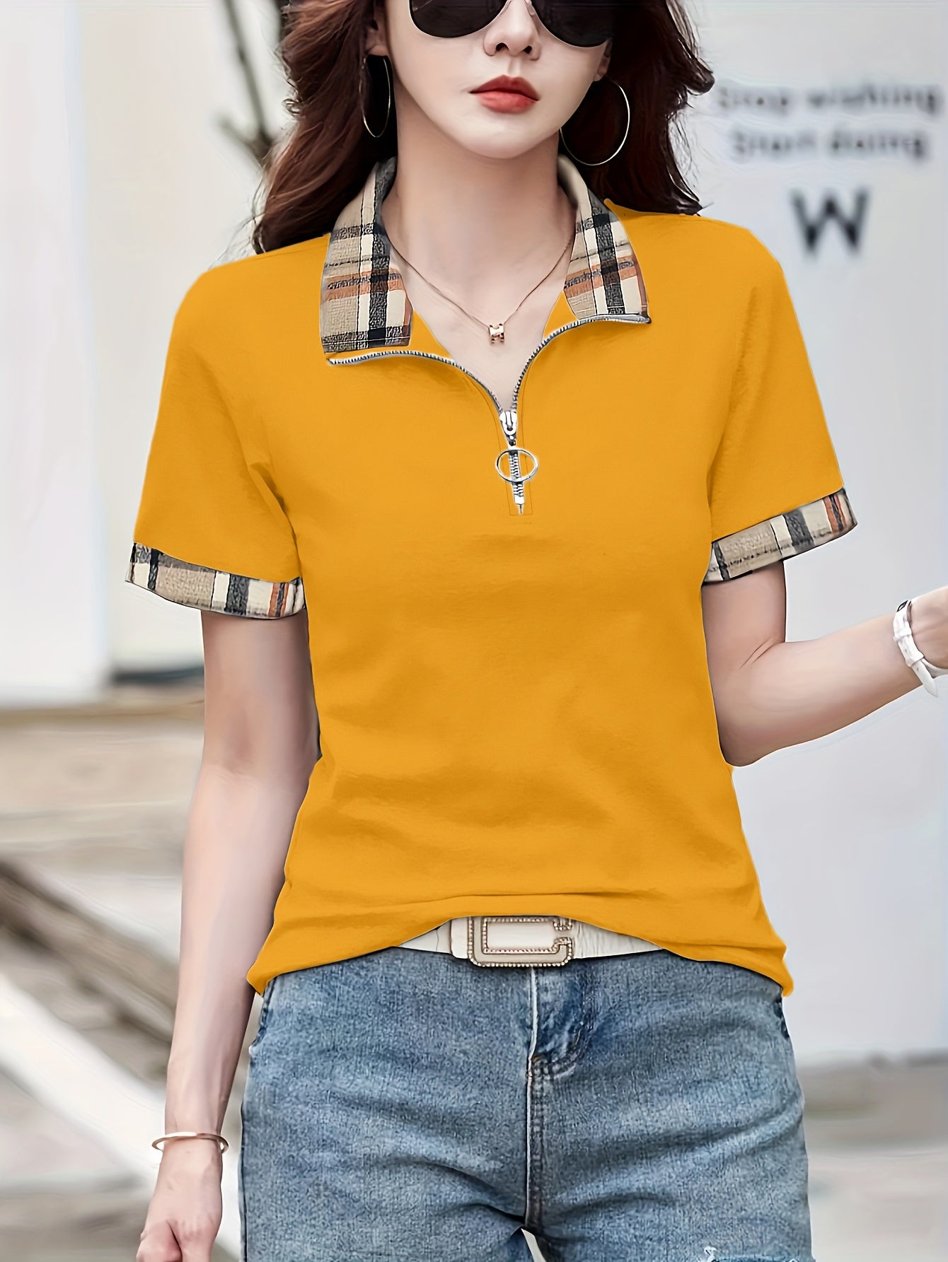 Patchwork Print Collared T-Shirt, Casual Short Sleeve T-Shirt For Summer, Women's Clothing