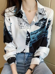 Graphic Print Button Front Shirt, Casual Long Sleeve Lapel Shirt, Women's Clothing