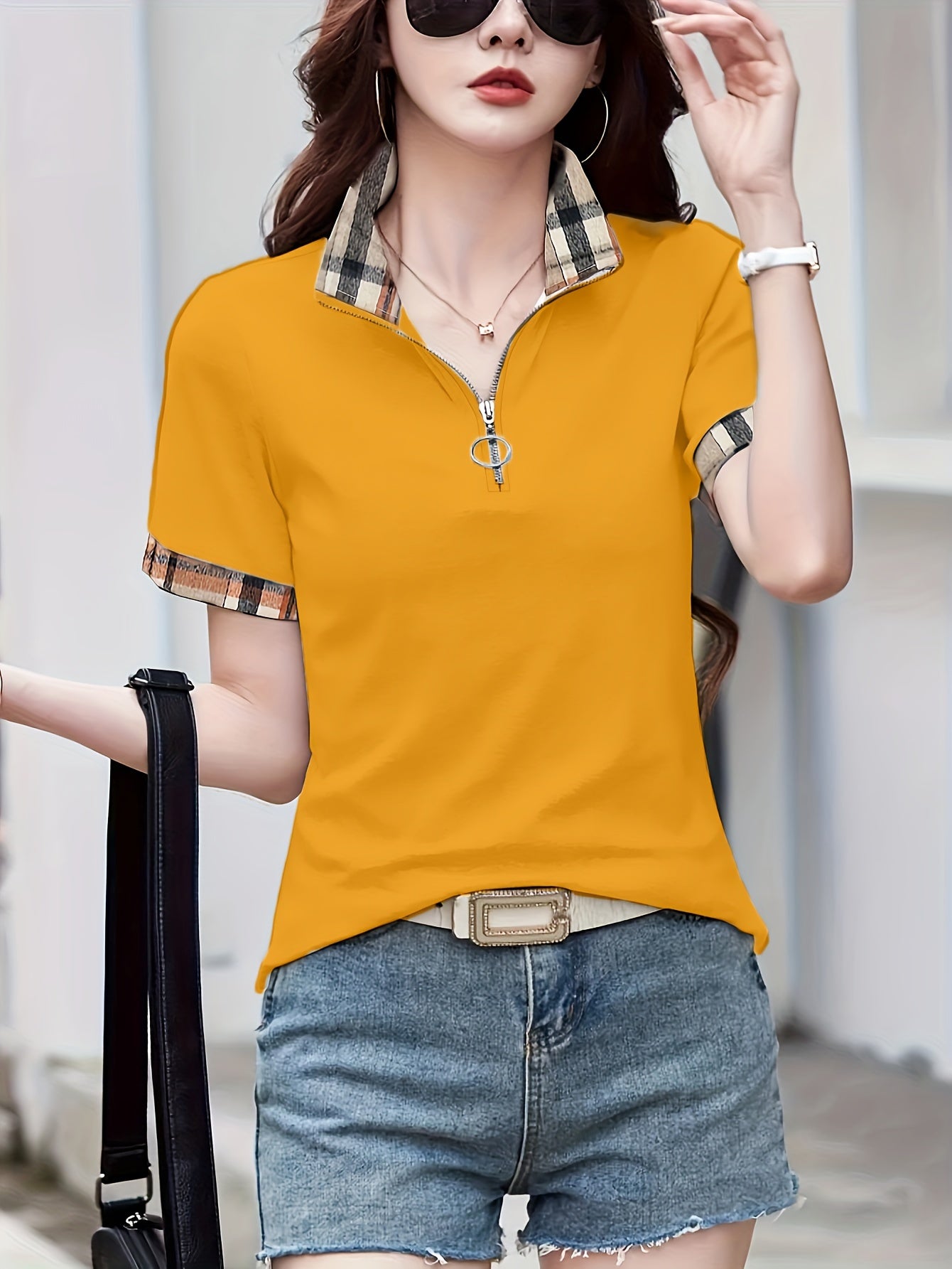 Patchwork Print Collared T-Shirt, Casual Short Sleeve T-Shirt For Summer, Women's Clothing