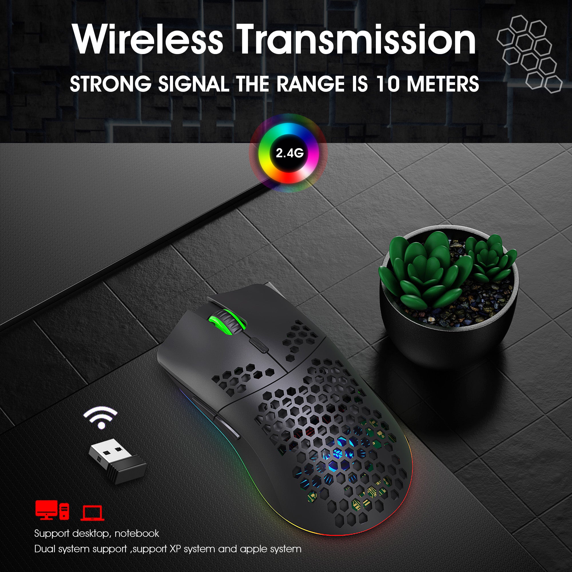 HXSJ Wireless Mouse, 2.4G Built-in, Rechargeable Battery, RGB Lighting