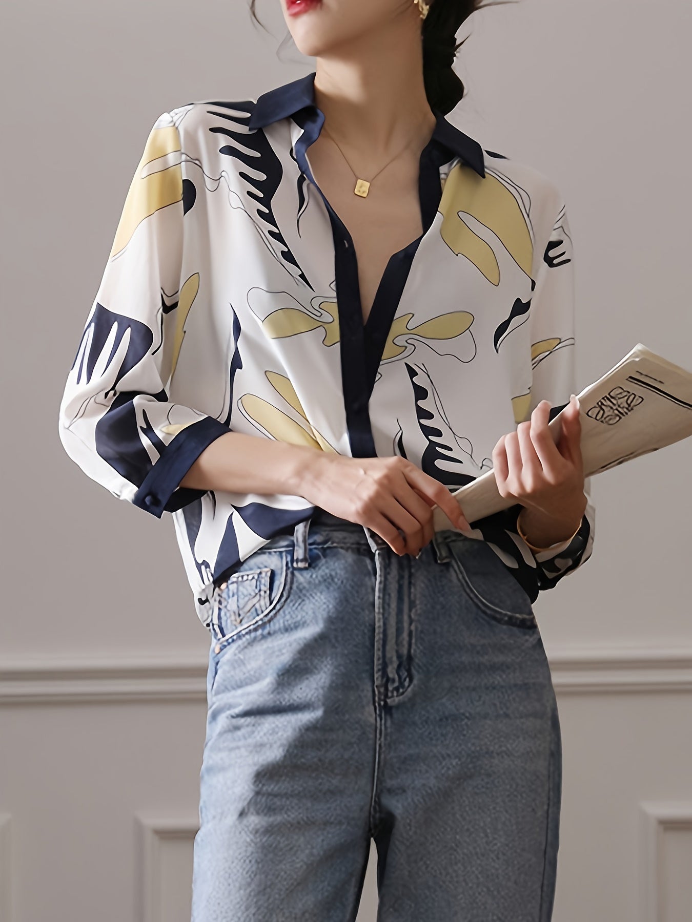 Abstract Print Color Block Blouse, Elegant Single Breasted Loose Blouse For Spring & Fall, Women's Clothing