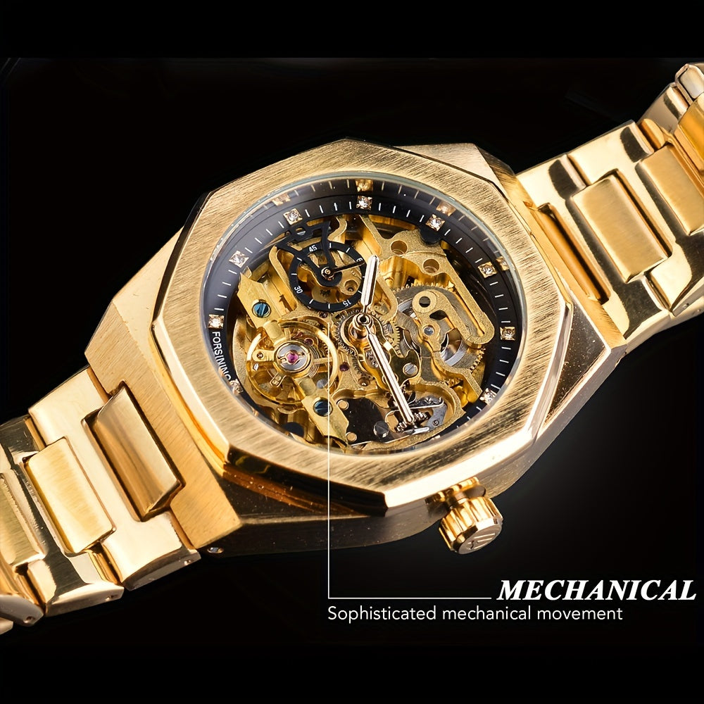 Forsining Men's Silvery Automatic Watch - 3D Rhinestone Skeleton, Stainless Steel, Sporty & Casual Tourbillon Design