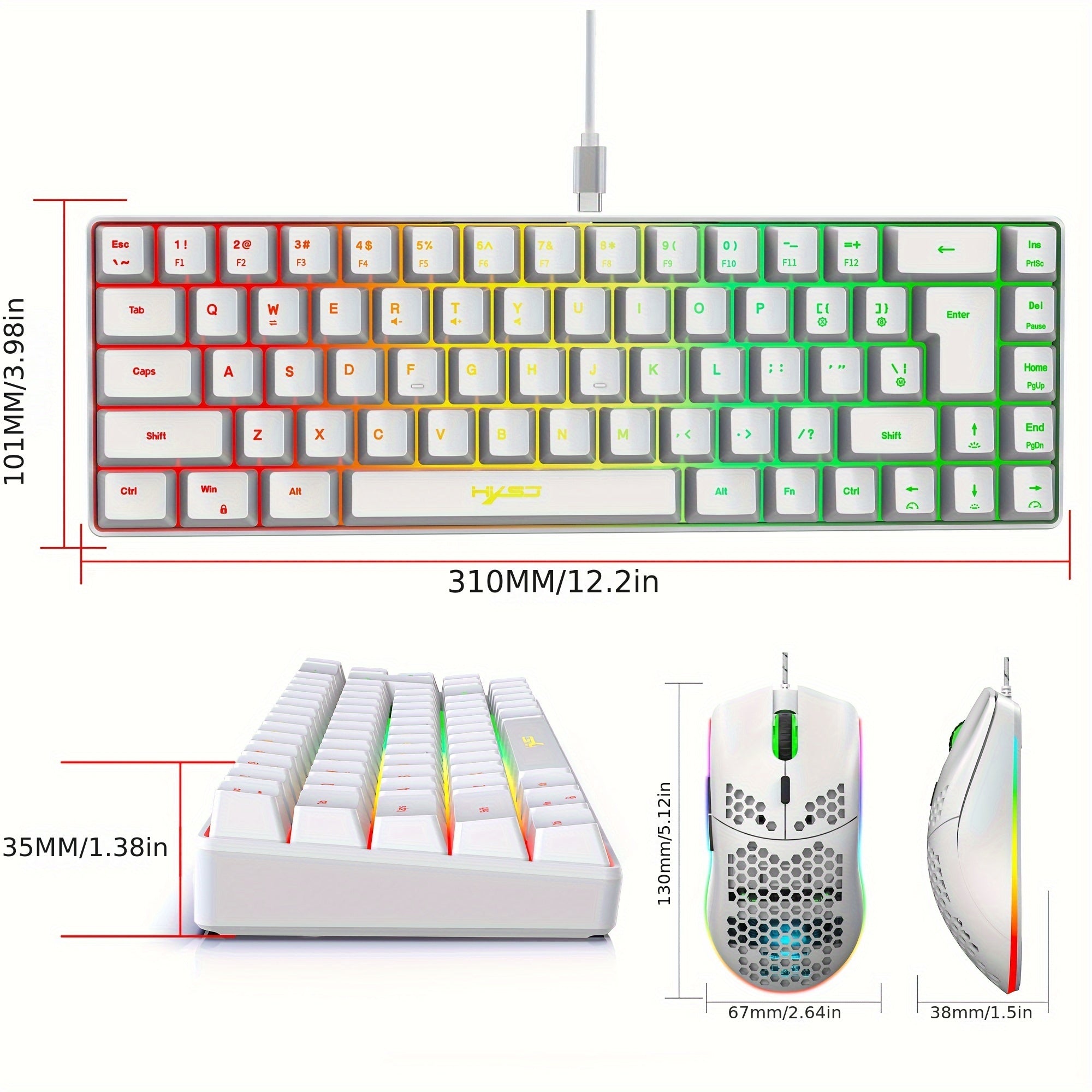 HXSJ-RGB Keyboard And Cellular Gaming Mouse, Compact 68-key Mini Wired Keyboard RGB Backlit