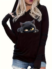 Whimsical Feline Print Long Sleeve Hoodie for Women - Soft Stretchy Polyester Blend, Washable, Comfortable Wear