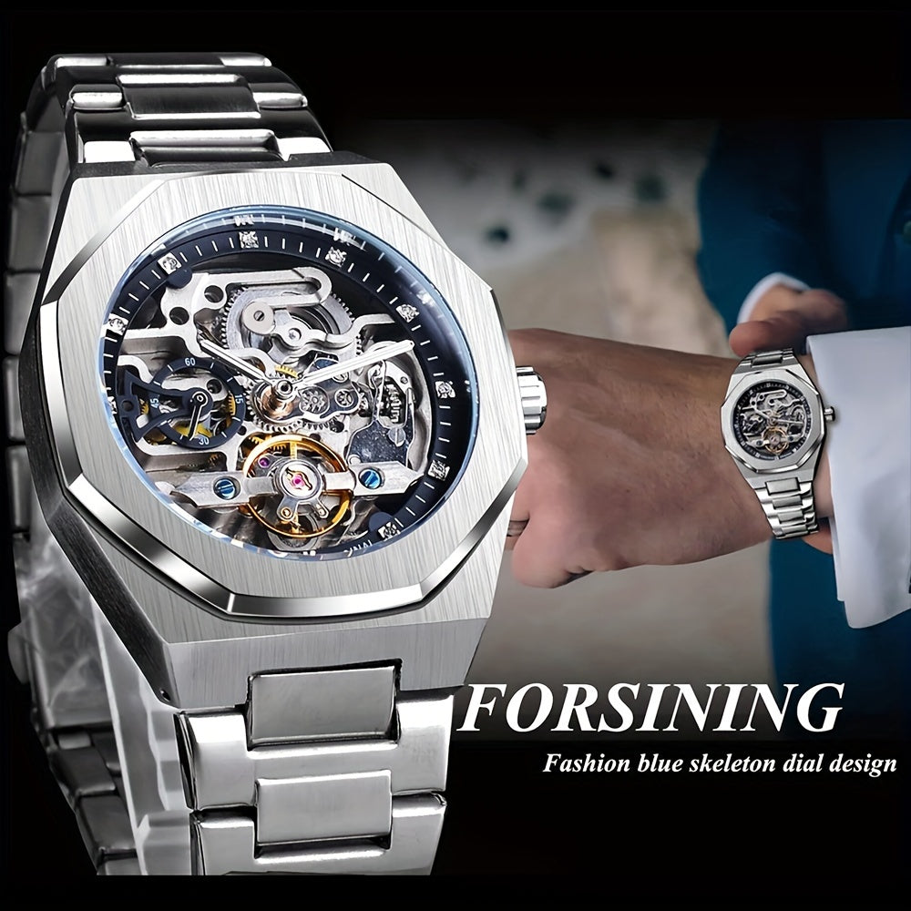 Forsining Men's Silvery Automatic Watch - 3D Rhinestone Skeleton, Stainless Steel, Sporty & Casual Tourbillon Design