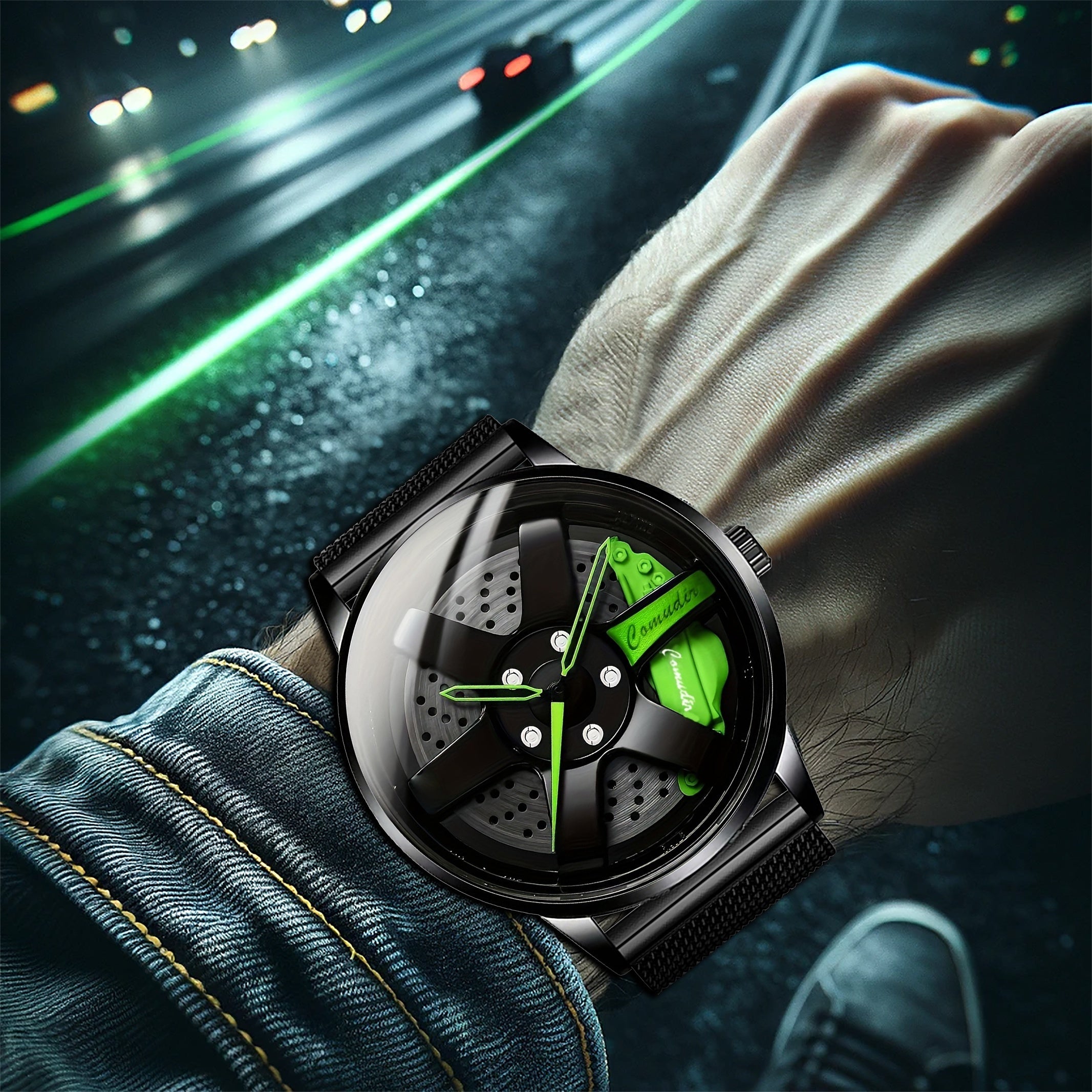 1pc Men's Black And Green Running Car Wheel Watch