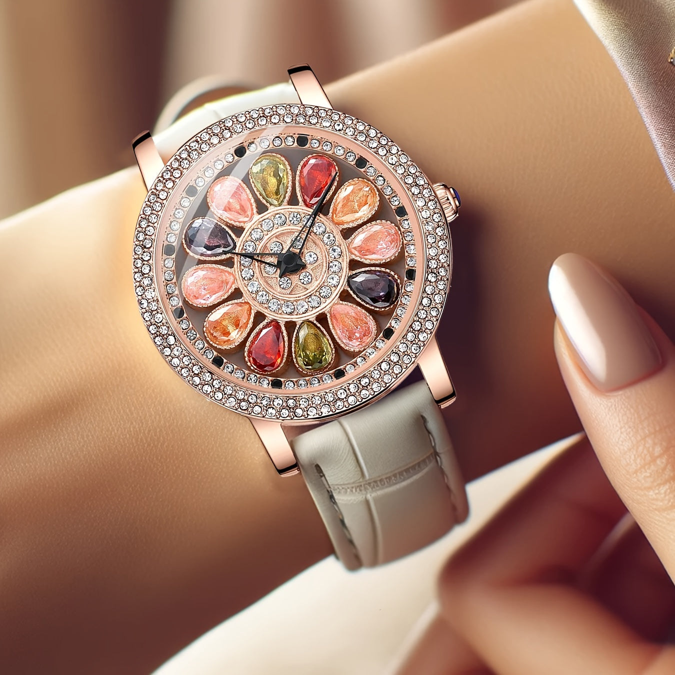 Women's Rhinestone Quartz Watch Rotating Flower Dial