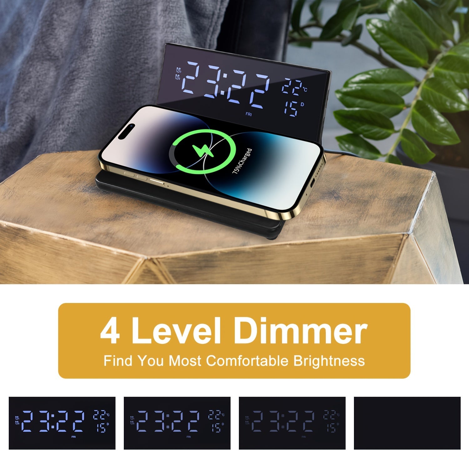 Alarm Clock With Wireless Charger, Calendar, Temperature, Date Display, Dual Alarm, Wireless Charging