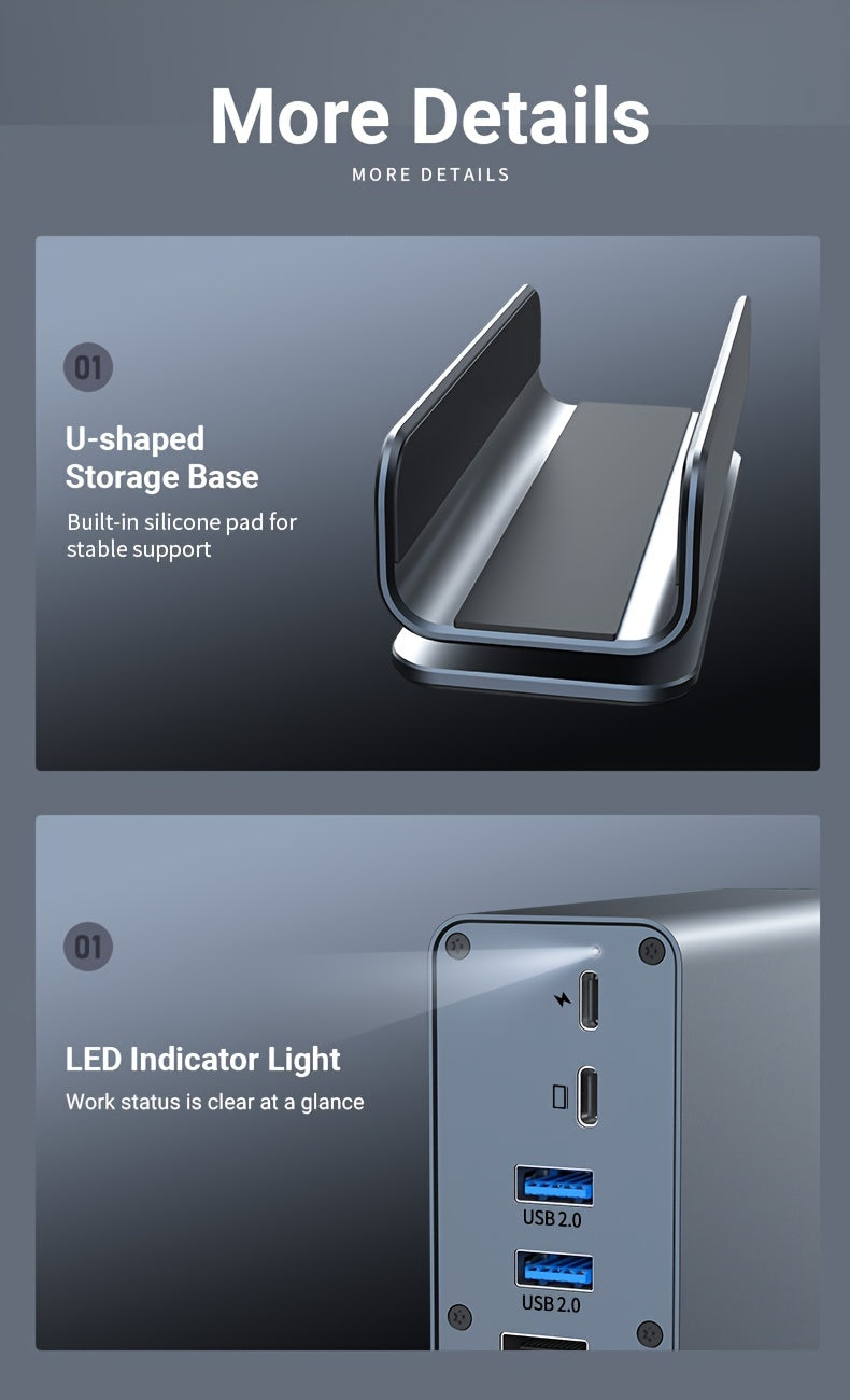 15-in-1 USB-C Vertical Docking Station, Aluminum Shell, USB 2.0/3.0