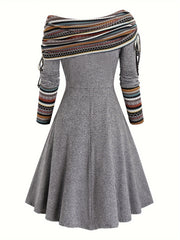 Ethnic Striped Splicing Dress, Elegant Off Shoulder Drawstring Dress, Women's Clothing