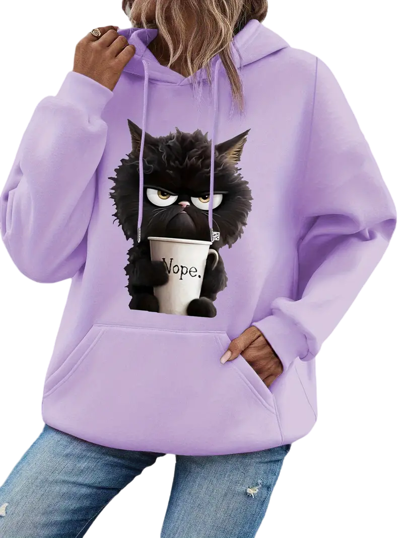 Cat Print Long Sleeve Hoodie, Drawstring Casual Hooded Sweatshirt, Women's Clothing