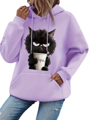 Cat Print Long Sleeve Hoodie, Drawstring Casual Hooded Sweatshirt, Women's Clothing